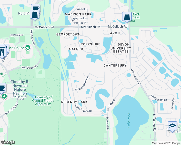 map of restaurants, bars, coffee shops, grocery stores, and more near 13801 Valleybrooke Lane in Orlando