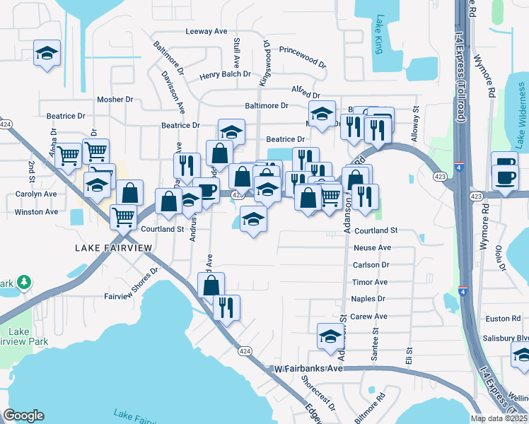 map of restaurants, bars, coffee shops, grocery stores, and more near 1100 Lee Road in Orlando