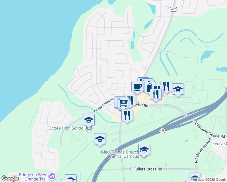 map of restaurants, bars, coffee shops, grocery stores, and more near 686 Fortanini Circle in Ocoee
