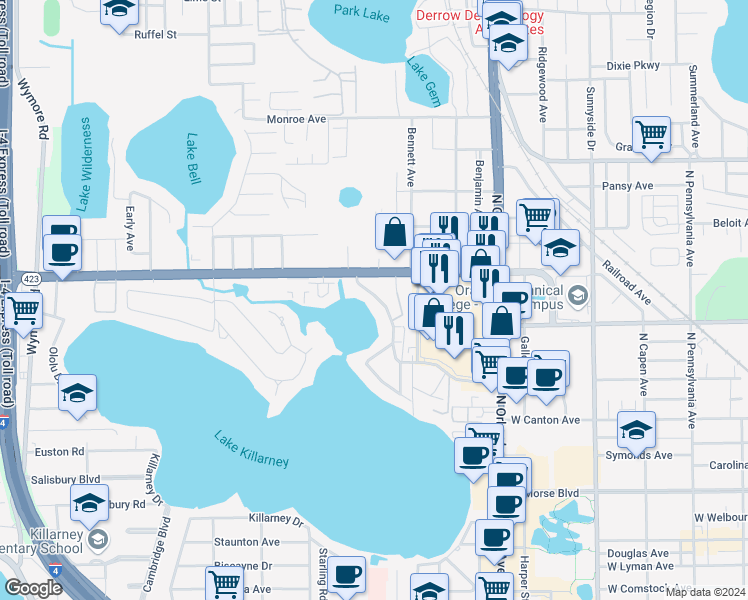 map of restaurants, bars, coffee shops, grocery stores, and more near 620 Country Club Drive in Winter Park