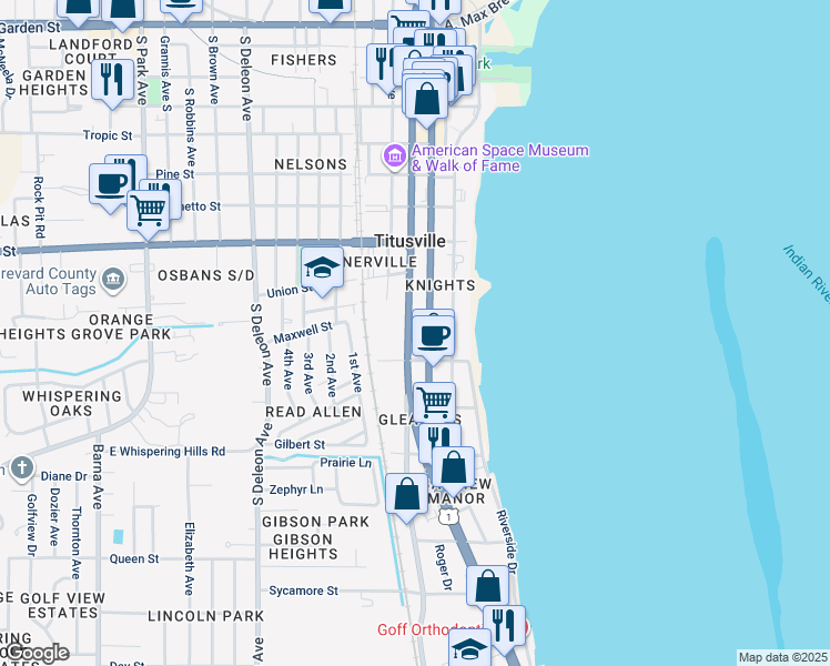 map of restaurants, bars, coffee shops, grocery stores, and more near 1004 South Washington Avenue in Titusville