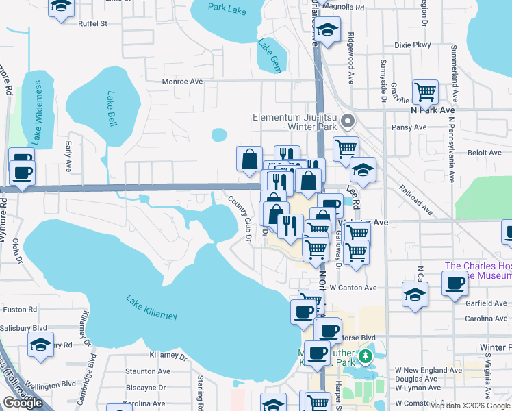 map of restaurants, bars, coffee shops, grocery stores, and more near 723 Executive Drive in Winter Park
