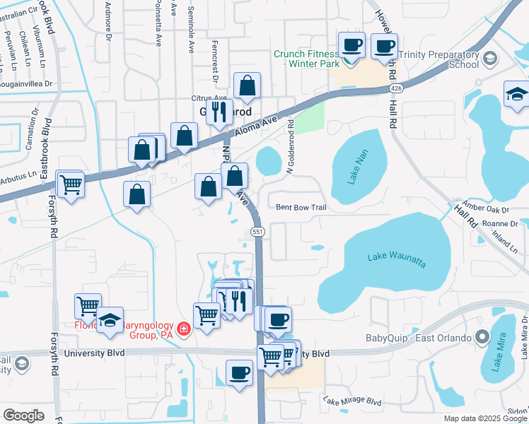 map of restaurants, bars, coffee shops, grocery stores, and more near 7540 Bent Bow Trail in Winter Park