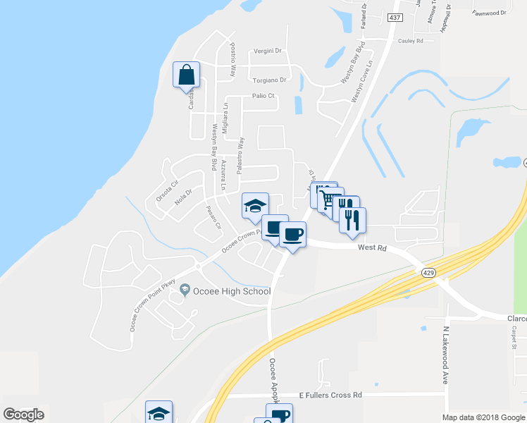 map of restaurants, bars, coffee shops, grocery stores, and more near 747 Marotta Loop in Ocoee