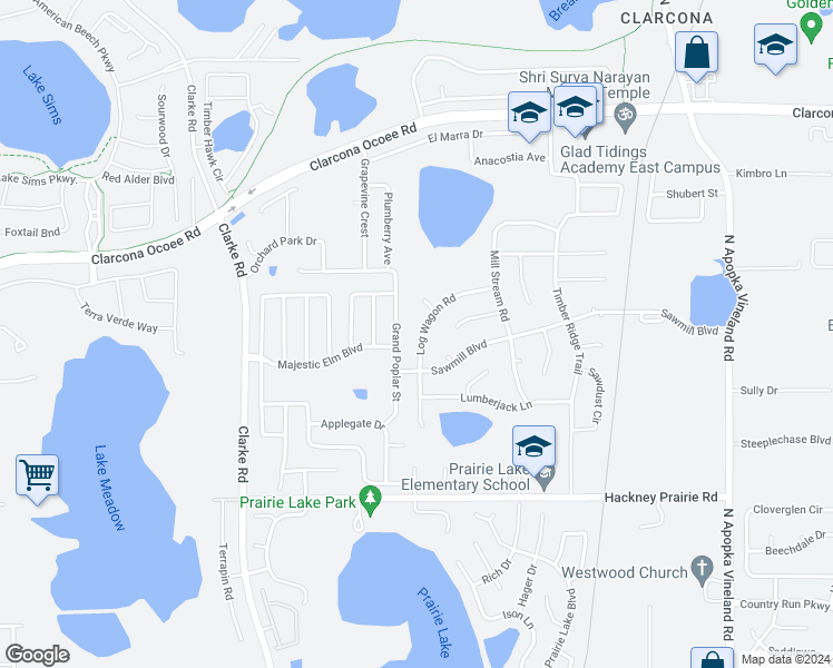 map of restaurants, bars, coffee shops, grocery stores, and more near 5122 Log Wagon Road in Ocoee