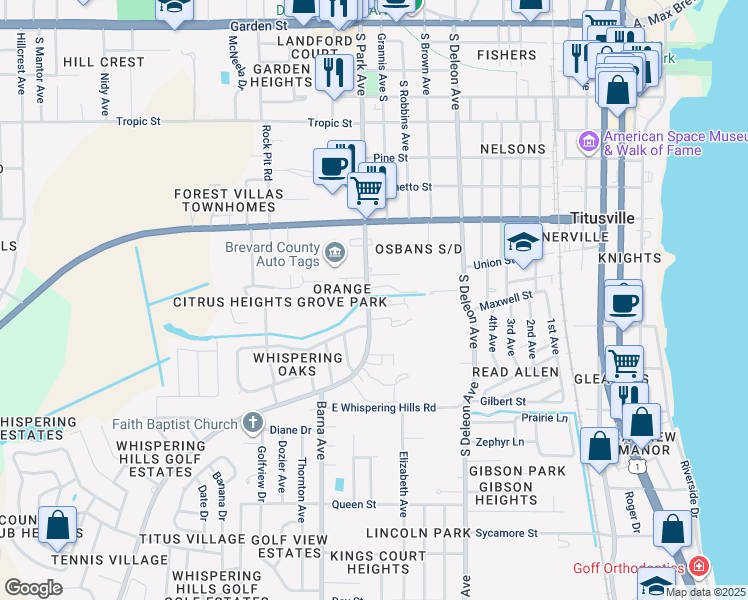 map of restaurants, bars, coffee shops, grocery stores, and more near 915 South Park Avenue in Titusville