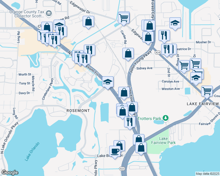 map of restaurants, bars, coffee shops, grocery stores, and more near 5214 North Orange Blossom Trail in Orlando