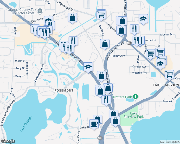 map of restaurants, bars, coffee shops, grocery stores, and more near 5218 North Orange Blossom Trail in Orlando
