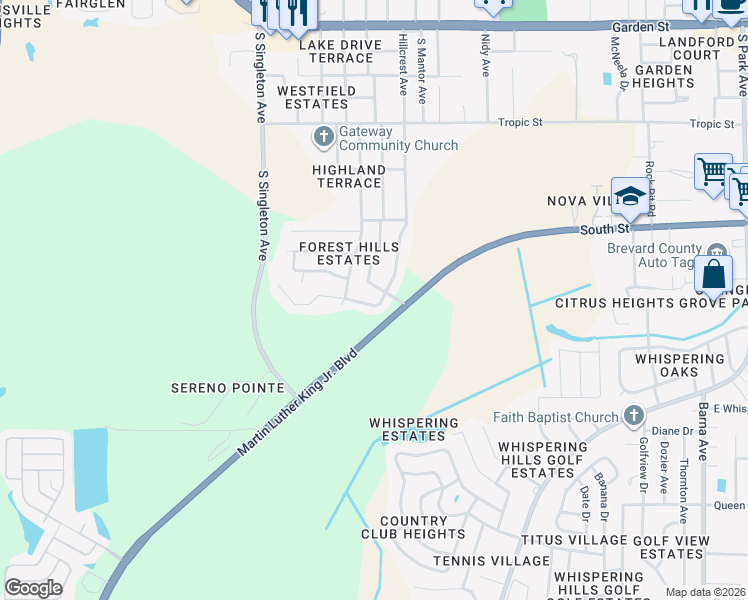 map of restaurants, bars, coffee shops, grocery stores, and more near 2580 Hillcrest Avenue in Titusville