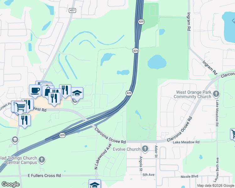 map of restaurants, bars, coffee shops, grocery stores, and more near 1033 Desert Candle Drive in Ocoee
