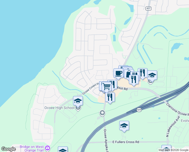 map of restaurants, bars, coffee shops, grocery stores, and more near 686 Fortanini Circle in Ocoee