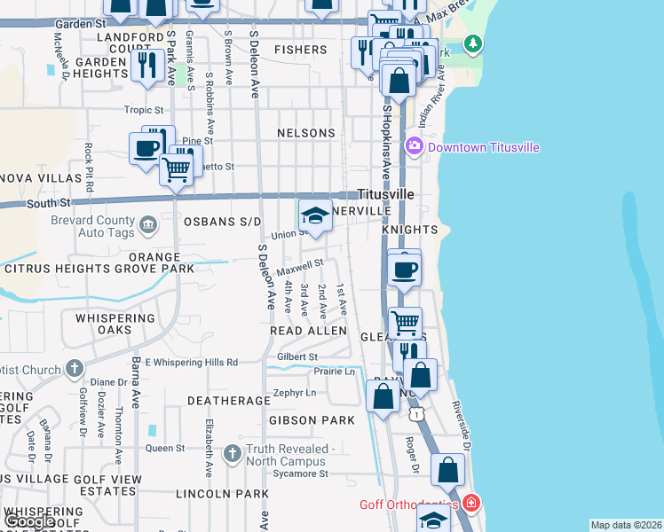 map of restaurants, bars, coffee shops, grocery stores, and more near 1006 1st Avenue in Titusville