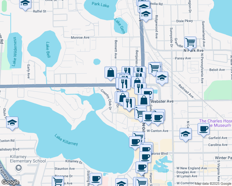 map of restaurants, bars, coffee shops, grocery stores, and more near 723 Executive Drive in Winter Park