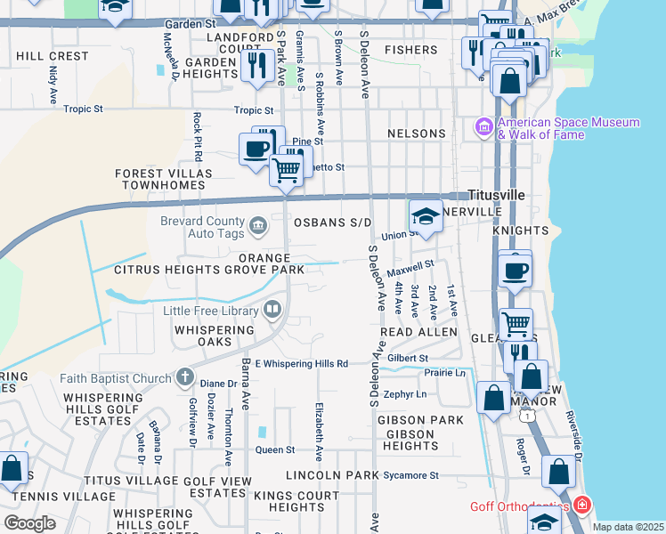 map of restaurants, bars, coffee shops, grocery stores, and more near 1219 Ronald Street in Titusville
