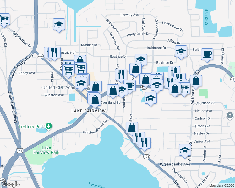 map of restaurants, bars, coffee shops, grocery stores, and more near 5103 Davisson Avenue in Orlando