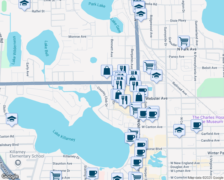 map of restaurants, bars, coffee shops, grocery stores, and more near 723 Executive Drive in Winter Park