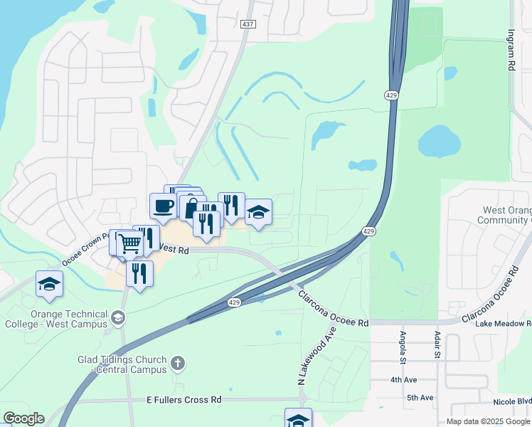 map of restaurants, bars, coffee shops, grocery stores, and more near 1236 Arbour Point Way in Ocoee