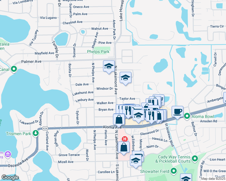 map of restaurants, bars, coffee shops, grocery stores, and more near 1860 Windsor Drive in Winter Park