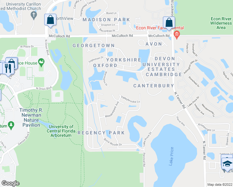 map of restaurants, bars, coffee shops, grocery stores, and more near 13702 Valleybrooke Lane in Orlando