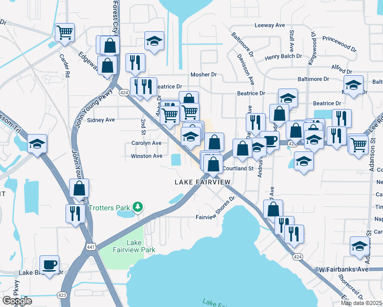 map of restaurants, bars, coffee shops, grocery stores, and more near in Orlando