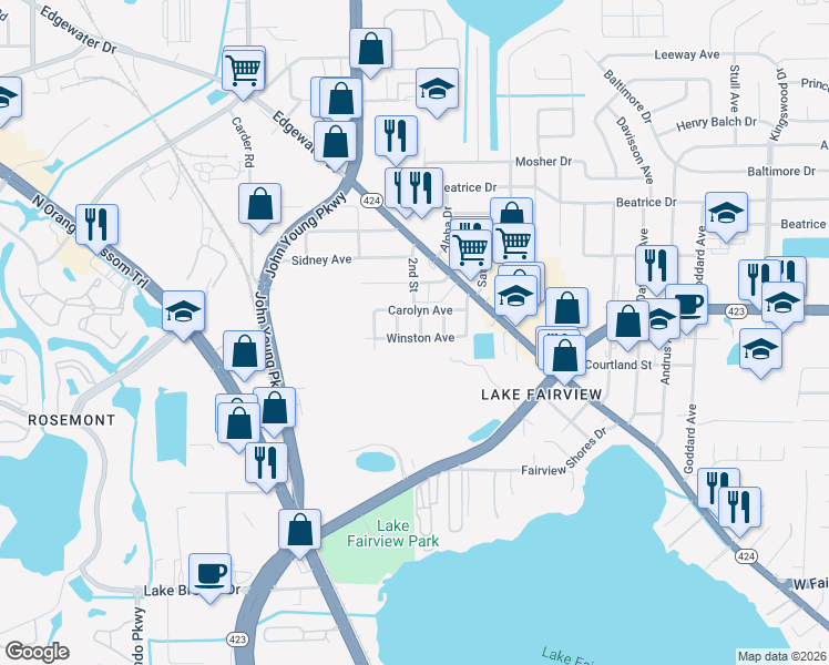 map of restaurants, bars, coffee shops, grocery stores, and more near 2515 Winston Avenue in Orlando