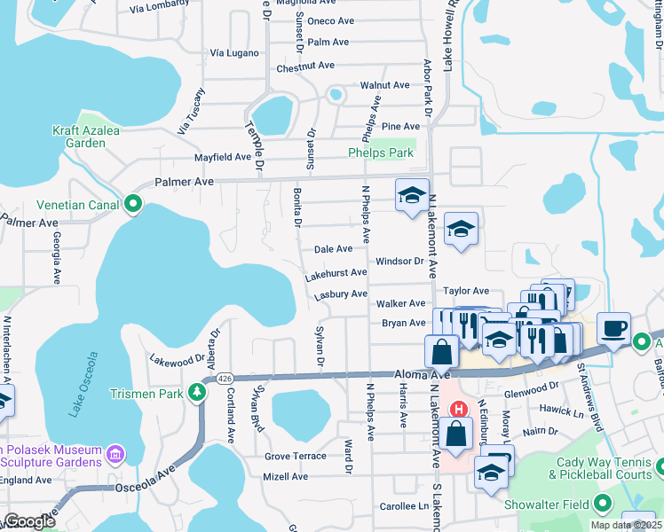 map of restaurants, bars, coffee shops, grocery stores, and more near 1583 Lakehurst Ave in Winter Park