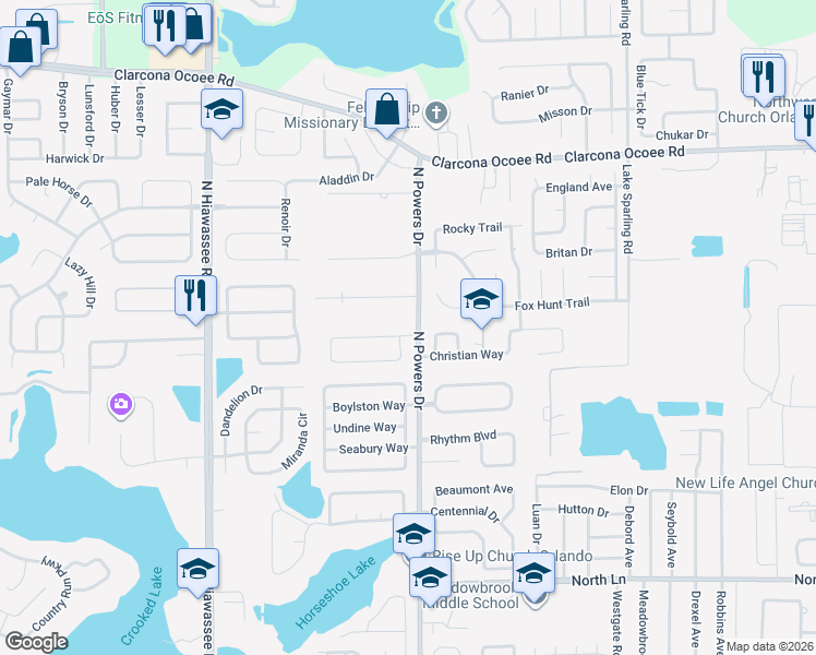 map of restaurants, bars, coffee shops, grocery stores, and more near 6301 Powers Pointe Circle in Orlando