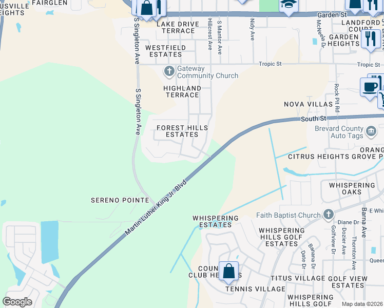 map of restaurants, bars, coffee shops, grocery stores, and more near 2580 Hillcrest Avenue in Titusville