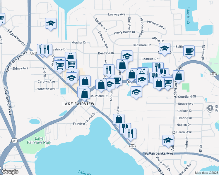 map of restaurants, bars, coffee shops, grocery stores, and more near 5103 Davisson Avenue in Orlando