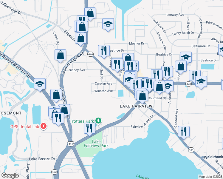 map of restaurants, bars, coffee shops, grocery stores, and more near 5200 Aloha Street in Orlando