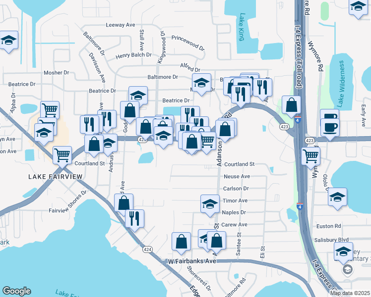 map of restaurants, bars, coffee shops, grocery stores, and more near 1010 Lee Road in Orlando