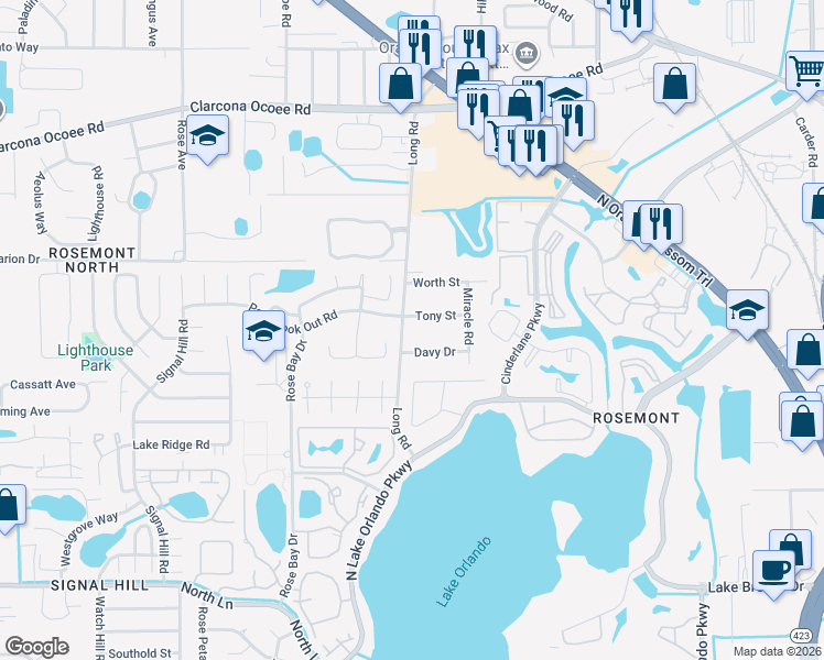 map of restaurants, bars, coffee shops, grocery stores, and more near 5125 Long Road in Orlando