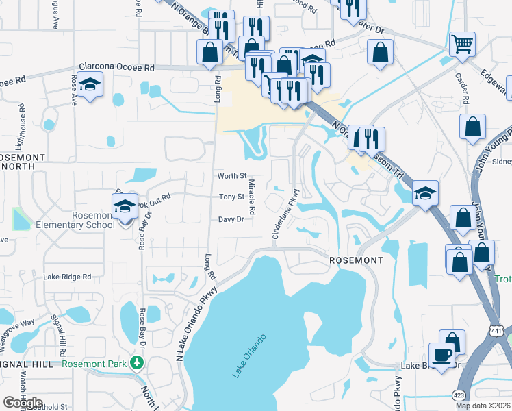 map of restaurants, bars, coffee shops, grocery stores, and more near 5133 Miracle Road in Orlando