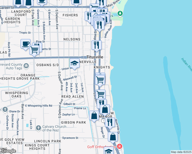 map of restaurants, bars, coffee shops, grocery stores, and more near 1004 South Washington Avenue in Titusville