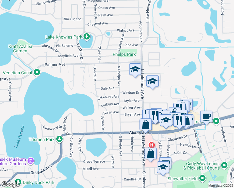 map of restaurants, bars, coffee shops, grocery stores, and more near 1683 Lakehurst Avenue in Winter Park