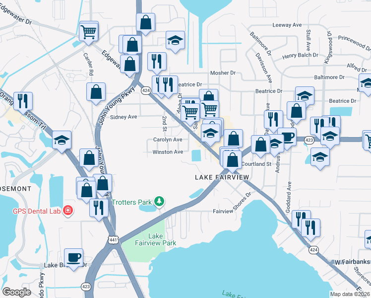 map of restaurants, bars, coffee shops, grocery stores, and more near 5200 Aloha Street in Orlando
