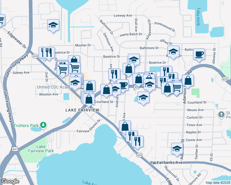map of restaurants, bars, coffee shops, grocery stores, and more near 5103 Davisson Avenue in Orlando