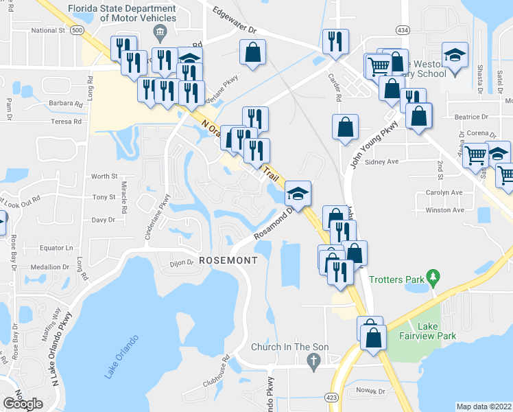 map of restaurants, bars, coffee shops, grocery stores, and more near 5218 North Orange Blossom Trail in Orlando
