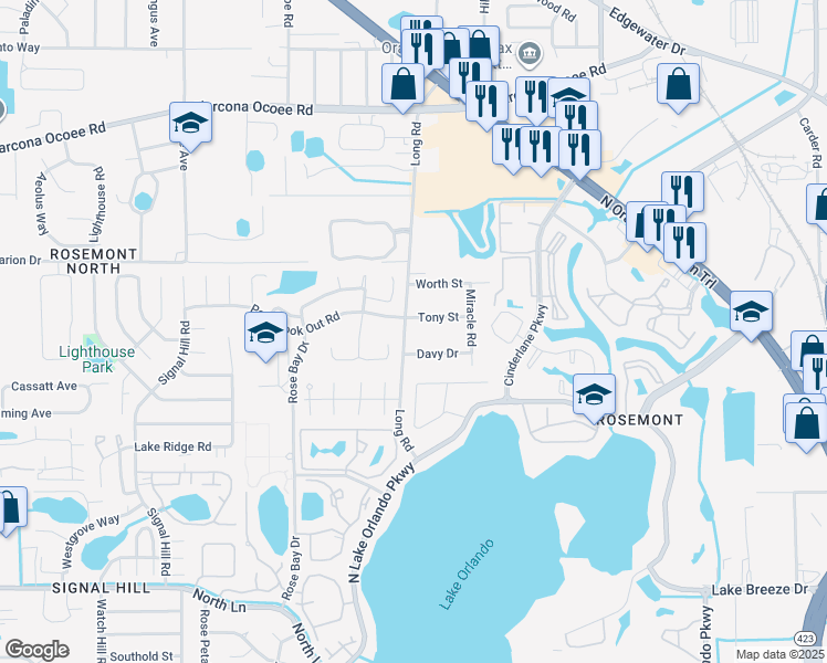 map of restaurants, bars, coffee shops, grocery stores, and more near 5125 Long Road in Orlando