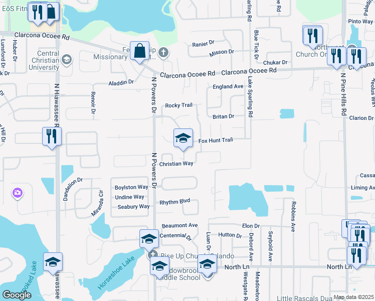 map of restaurants, bars, coffee shops, grocery stores, and more near 6147 Christian Way in Orlando