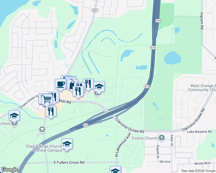 map of restaurants, bars, coffee shops, grocery stores, and more near 1236 Arbour Point Way in Apopka