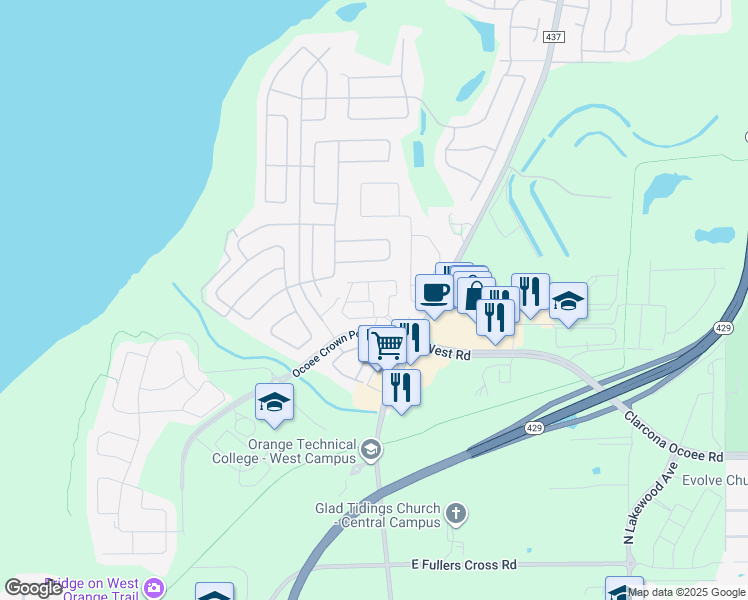 map of restaurants, bars, coffee shops, grocery stores, and more near 2440 Viterbo Way in Ocoee