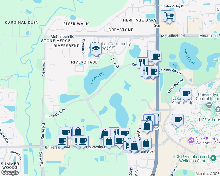 map of restaurants, bars, coffee shops, grocery stores, and more near 11842 Corporate Boulevard in Orlando