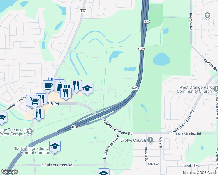 map of restaurants, bars, coffee shops, grocery stores, and more near 2291 West Road in Apopka