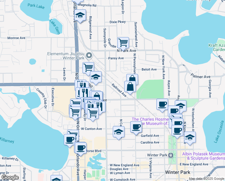 map of restaurants, bars, coffee shops, grocery stores, and more near 851 Carver Street in Winter Park