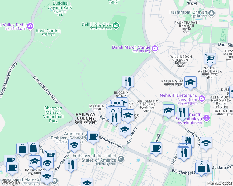 map of restaurants, bars, coffee shops, grocery stores, and more near Sardar Patel Marg in New Delhi