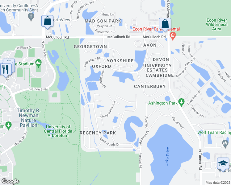 map of restaurants, bars, coffee shops, grocery stores, and more near 13709 Valleybrooke Lane in Orlando