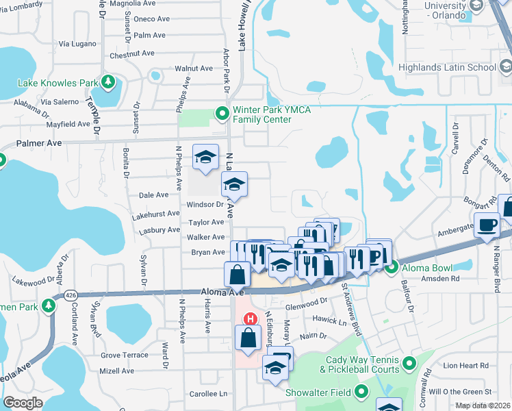 map of restaurants, bars, coffee shops, grocery stores, and more near 760 North Lakemont Avenue in Winter Park