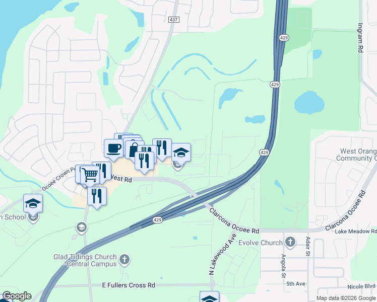 map of restaurants, bars, coffee shops, grocery stores, and more near 1190 Arbour Point Way in Ocoee