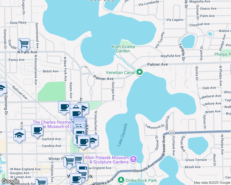 map of restaurants, bars, coffee shops, grocery stores, and more near 851 Georgia Avenue in Winter Park